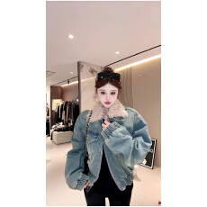 批发美式复古毛领拼接牛仔短外套女<b class='q'>秋</b>冬新款时髦洋气宽松显瘦保暖上衣