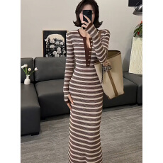 批发法式气质条纹针织连衣裙女2025秋冬新款修身性感包臀长裙打底<b class='q'>裙子</b>