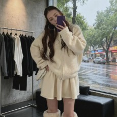 批发休闲慵懒风拉链针织开衫套装女秋冬宽松显瘦百搭毛衣半身裙两件套