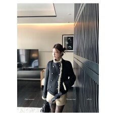 E中古暮光 黑色双排扣拼水貂皮草夹棉毛呢外套大衣女潮