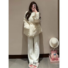 批发韩系复古高级感V领收腰羽绒服女<b class='q'>秋</b>冬季新款系带保暖白鸭绒外套