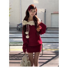 批发一字肩红色针织长袖连衣裙女秋冬季圣诞穿搭修身包臀毛衣裙短裙子