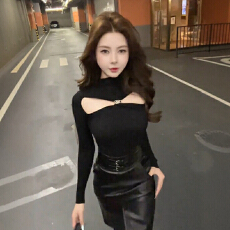 批发法式复古<b class='q'>黑色</b>挂脖露肩辣妹性感纯欲打底衫上衣搭配显瘦皮半身裙