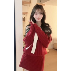 批发超好看冬裙圣诞氛围感穿搭漂亮独特一字肩红色针织<b class='q'>连衣裙</b>女士裙子