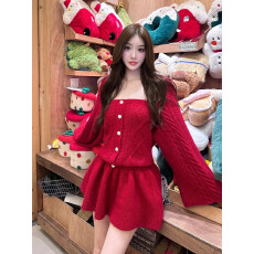 批发新年红色软糯绞花抹胸披肩上衣女冬季高腰针织<b class='q'>蓬蓬</b><b class='q'>裙套装</b>女潮