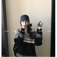 批发慵懒风撞色提花针织衫女2025冬季<b class='q'>新款</b>高级感宽松保暖显瘦套头<b class='q'>毛衣</b>