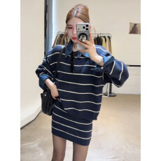 批发慵懒风<b class='q'>条纹</b>毛衣两件套牛仔POLO领宽松上衣女＋高腰包臀<b class='q'>裙</b>休闲套装