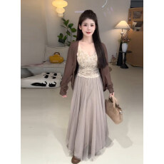 批发26春季新款法式气质套装<b class='q'>女</b>蕾丝胸垫吊带针织<b class='q'>开衫</b>网纱半裙三件套