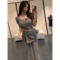 批发<b class='q'>韩版</b>纯欲修身方领短袖上衣高腰假两件微喇裤套装女春季休闲两件套