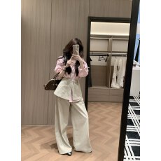 批发26初春季一整套ootd穿搭独特超好看粉色衬衫外套阔腿裤<b class='q'>两件套装</b>