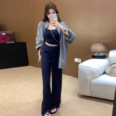 批发26早春复古<b class='q'>宽松</b>条纹衬衫内搭V领吊带背心高腰休闲裤三件套装女