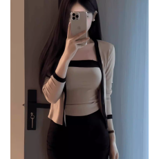 批发纯欲风撞色抹胸吊带内搭女春季新款修身显瘦短款长袖开衫上衣<b class='q'>套装</b>