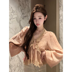 批发春夏新款韩系汉服温柔风蕾丝花边V领<b class='q'>长袖</b>小衫上衣女潮