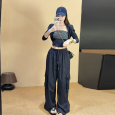 批发<b class='q'>韩版</b>春夏新款美式复古抹胸背心开衫工<b class='q'>装</b><b class='q'>裤</b>三件套女潮