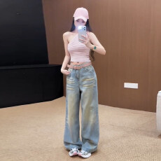 批发26新款夏季辣妹风单肩针织衫搭配小众设计感直筒弯刀裤<b class='q'>套装</b>