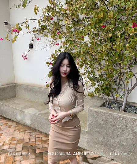 오른쪽 경력 미니멀리즘 V넥 긴팔 코디 타이트 스커트 여성 봄 여름 숨겨진 당겨서 몸매 가꾸기 반신 치마 세트
