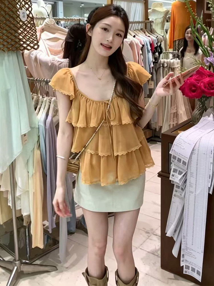 한 부서 달콤함 작은 날다 소매 레이스 프릴 여성 셔츠 2026 여름 새로운 루즈핏 슬림해 보이는 연령 감소 맨위 트렌디