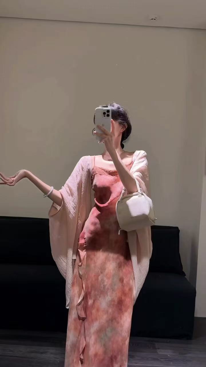 한 부서 새로운 고급 세트 염색 프린트 슬립 품격 슈퍼 요정 휴가 바람 드레스 숄 투피스 세트