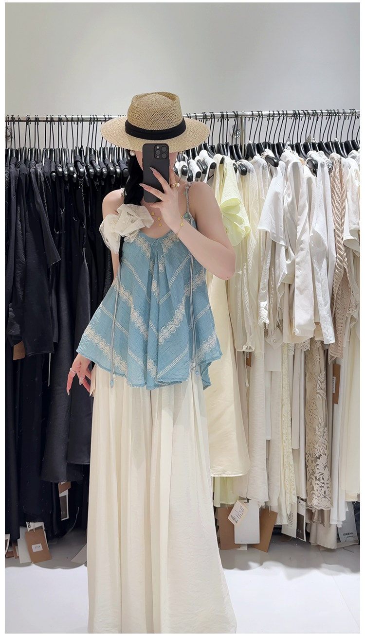 한국 스타일 V넥 면 린넨 품격 슬림해 보이는 연령 감소 다용도 비즈 자수 달콤함 슬립 코디 와이드 레그 팬츠 세트