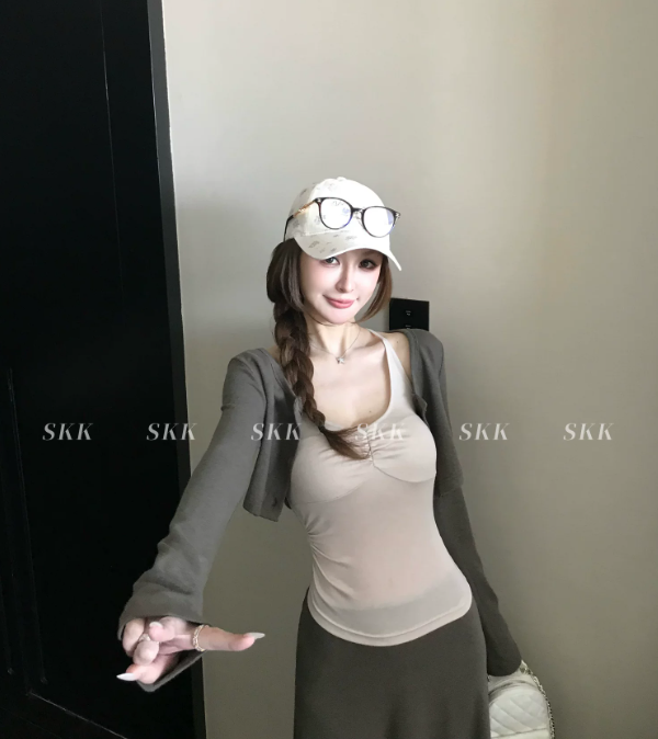 인어 올리버 여름 새로운 자외선 차단 짧은 오픈 가디건 슬립 반신 스커트 3종 세트 세트 여성 트렌디