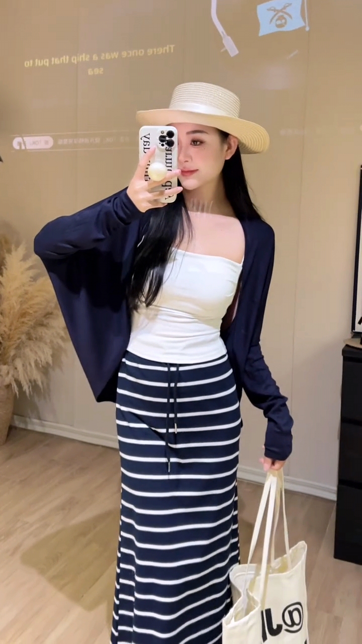 봄 여름 새로운 품격 다용도 오픈 가디건 슬립 튜브탑 스트라이프 반신 스커트 3종 세트 세트 여성 트렌디