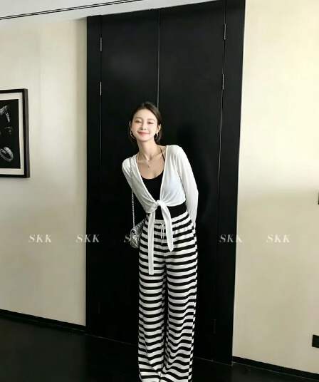 26 봄 새로운 한국 스타일 긴팔 자외선 차단 오픈 가디건 조끼 스트라이프 캐주얼 바지 3종 세트 세트 여성 트렌디