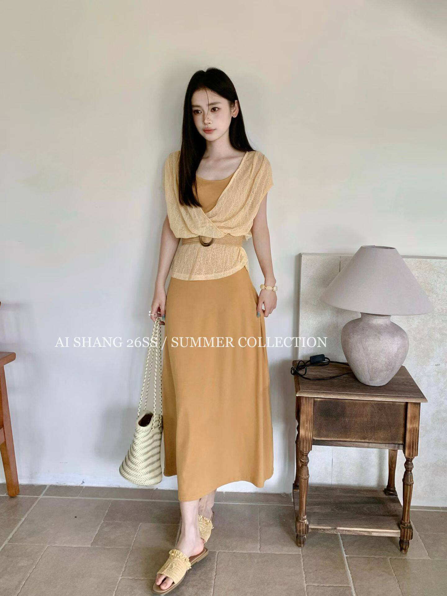 26 여름 새로운 빛 요리 한 바람 우아함 품격 드레스 디자인 센스 페이크 레이어드 패치워크 무릎 아래 여성 드레스
