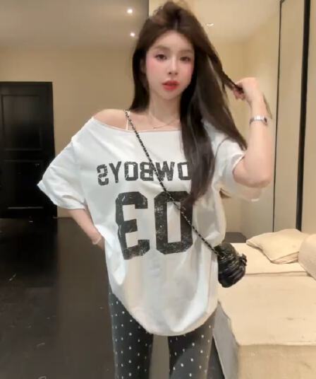 알파벳 프린트 반팔 티셔츠 여성 화이트 루즈핏 다용도 캐주얼 맨위 코디 캐주얼 도트 무늬 마이크로 나팔 바지