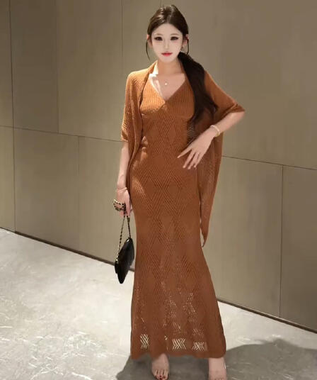 순수한 욕망 바람 홀로우 아웃 니트 오픈 가디건 점프 슈트 치마 세트 여성 여름 고급 센스 몸매 가꾸기 슬림해 보이는 슬립 드레스 투피스 세트