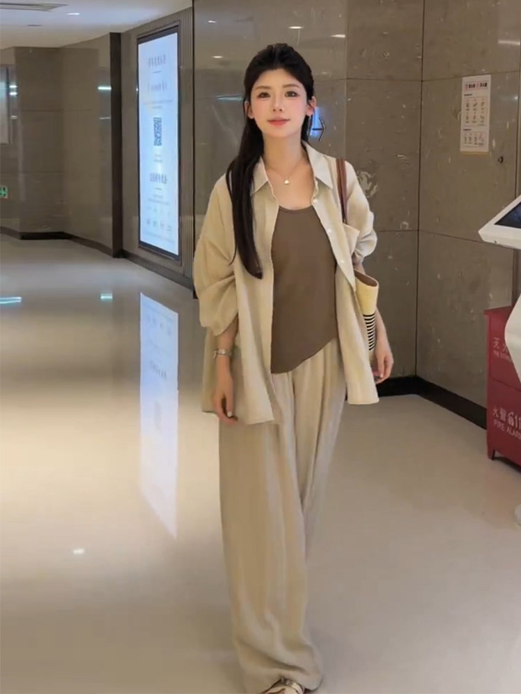 26 여름 새로운 느긋한 바람 자외선 차단 셔츠 캐미솔 넓은 다리 캐주얼 바지 품격 슬림해 보이는 세 조각 세트