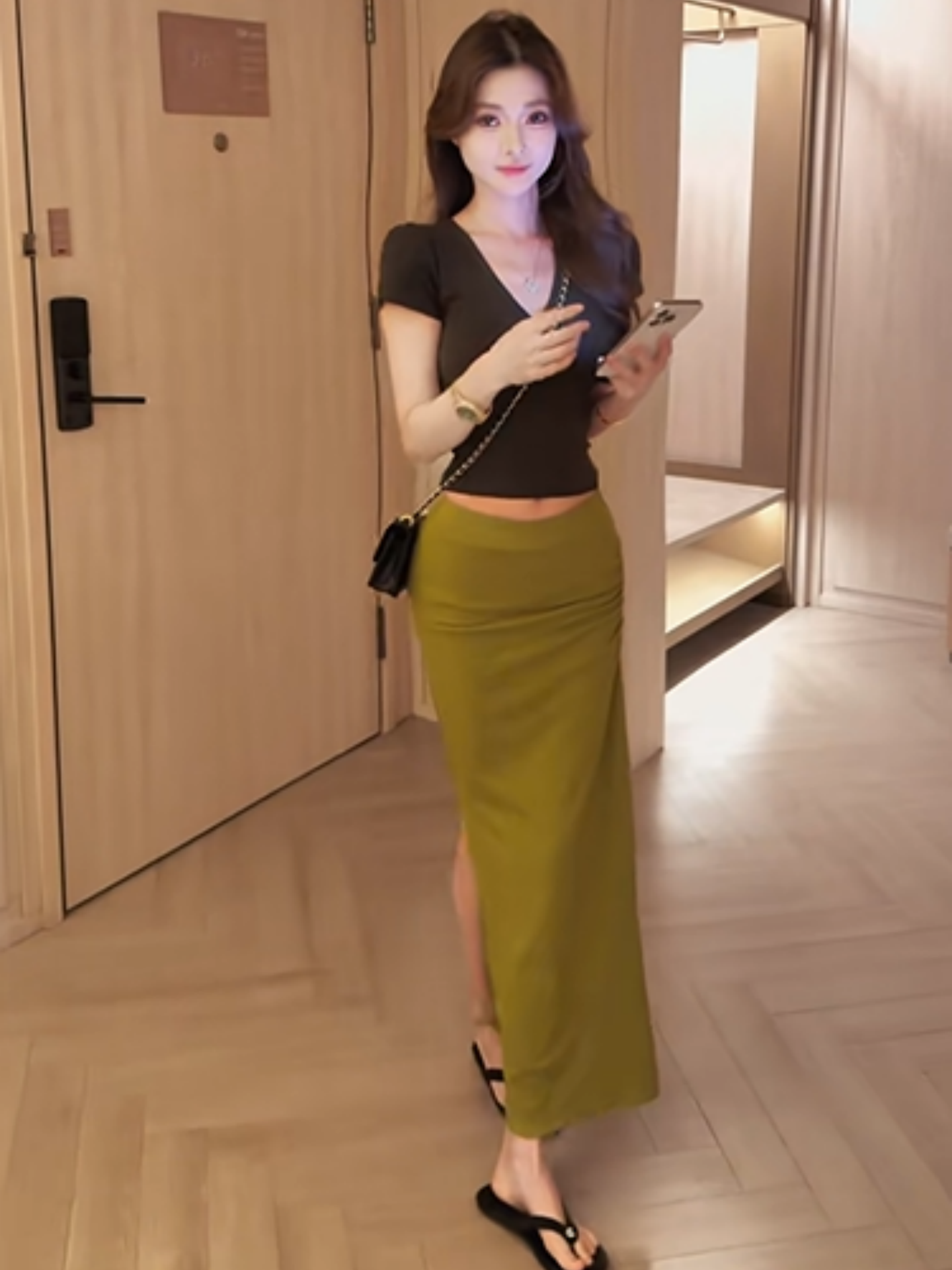한 스타일 섹시함 순수한 욕망 바람 몸매 가꾸기 슬림해 보이는 V넥 반팔 티셔츠 맨위 하이웨이스트 타이트 스커트 트임 반신 스커트 투피스 세트