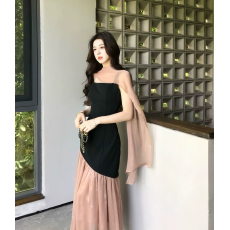 批发法式温柔风无袖方领<b class='q'>背心</b>裙夏季高级感绝美气质假两件拼接鱼尾<b class='q'>长裙</b>