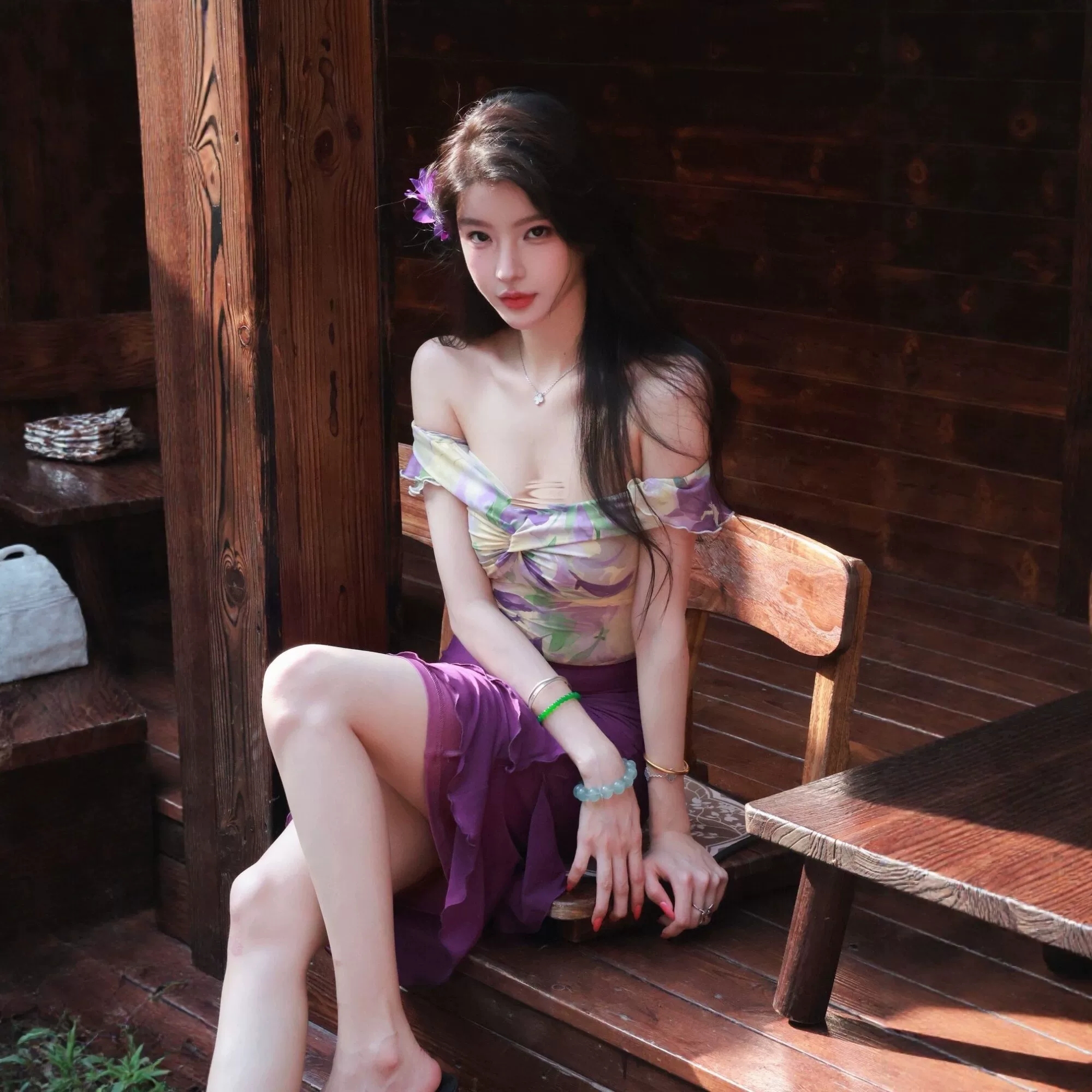 프랑스식 휴가 바람 오프숄더 프린트 맨위 프릴 반신 스커트 여성 봄 몸매 가꾸기 세트