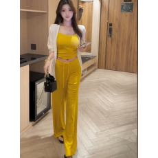 批发韩式松弛慵懒风纯欲美背内搭+白色长袖开衫+<b class='q'>高腰</b>抽绳阔腿裤三件套