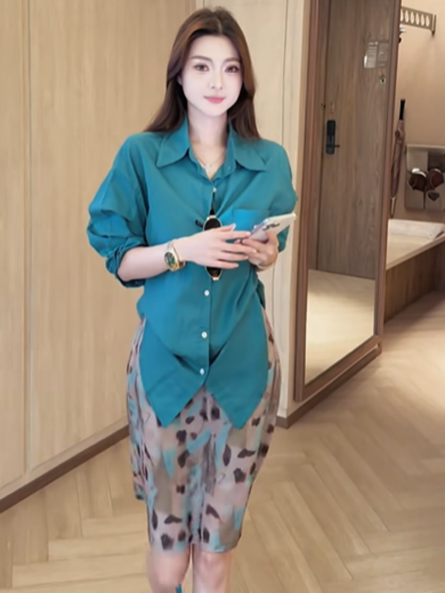 여름 한 스타일 작은 대중 섹션 루즈핏 슬림해 보이는 대 에디션 단색 싱글 줄 버튼 셔츠 하이웨이스트 프린트 반신 스커트 투피스 세트
