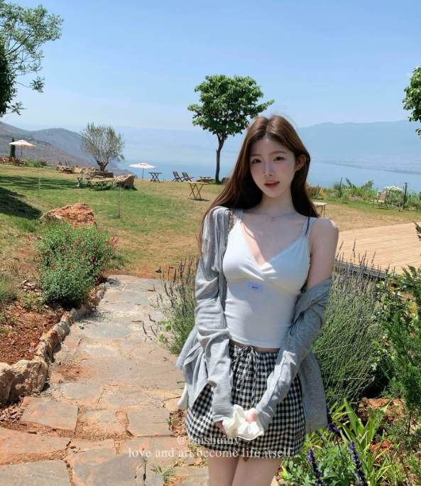 한국 스타일 여름 새로운 자외선 차단 재킷 V넥 캐미솔 레이스 체크무늬 반신 스커트 3종 세트 세트
