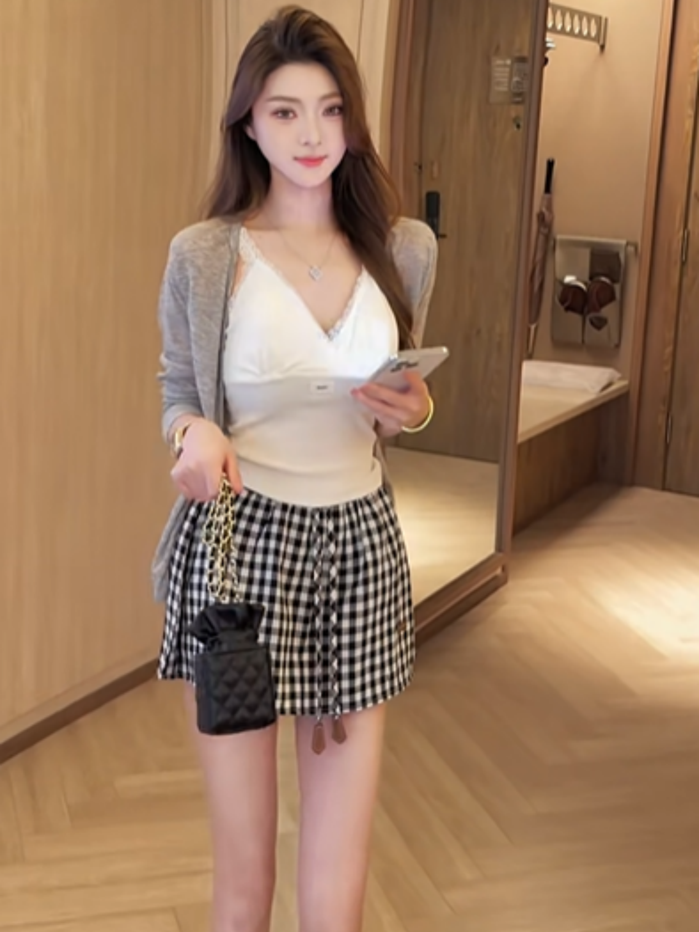 한 스타일 작은 대중 순수한 욕망 바람 V넥 슬립 인사이드 가져 가라. 단색 긴팔 오픈 가디건 하이웨이스트 체크무늬 반신 스커트 3종 세트