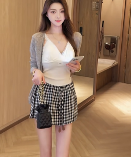 한 스타일 작은 대중 순수한 욕망 바람 V넥 슬립 인사이드 가져 가라. 단색 긴팔 오픈 가디건 하이웨이스트 체크무늬 반신 스커트 3종 세트