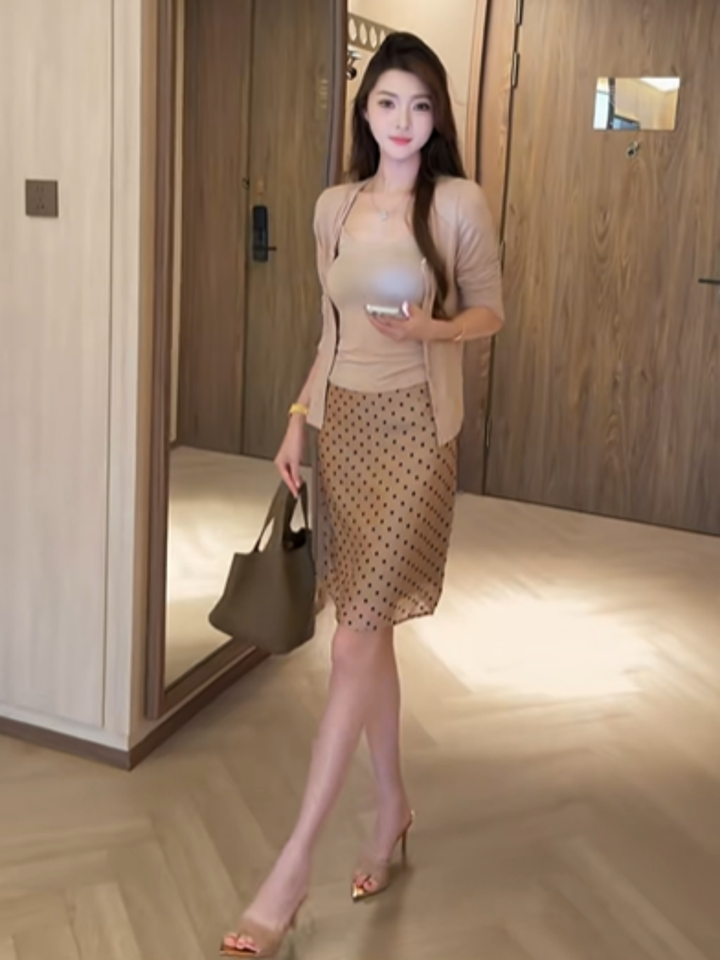 한 스타일 품격 명문 여성 바람 몸매 가꾸기 슬림해 보이는 슬립 인사이드 가져 가라. 단색 다용도 오픈 가디건 도트 무늬 반신 스커트 3종 세트