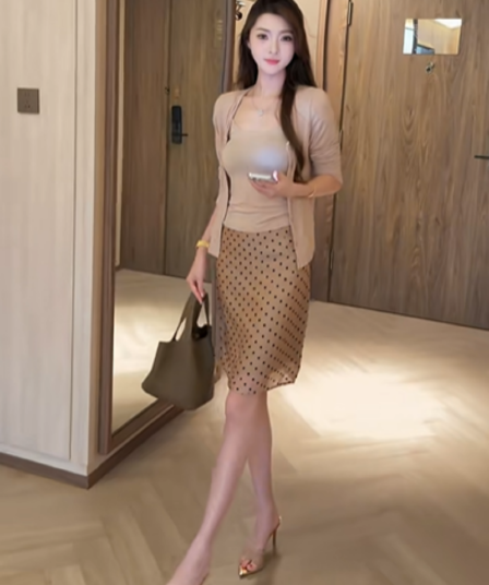 한 스타일 품격 명문 여성 바람 몸매 가꾸기 슬림해 보이는 슬립 인사이드 가져 가라. 단색 다용도 오픈 가디건 도트 무늬 반신 스커트 3종 세트