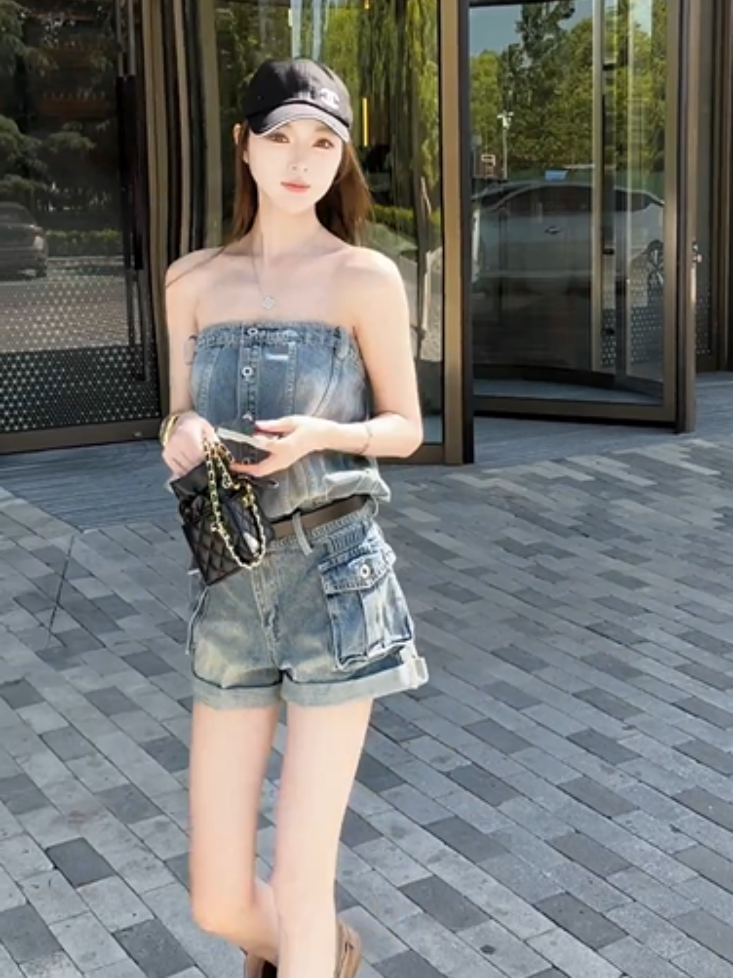 여름 아메리칸 핫걸 바람 디자인 센스 순수한 욕망 레트로 항구 바람 파란색 데님 튜브탑 올인원 바지 원피스 반바지 여성