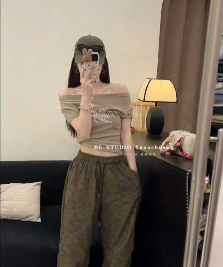 아메리칸 넓은 다리 카모플라주 바지 허리밴드 워시 물 순면 느긋한 프로필 모양 카모플라주 바지 털 서클 루즈핏 긴 바지 한 단어 t