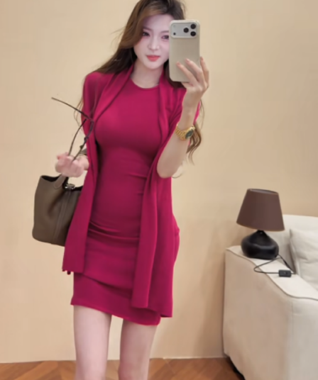 여름 한 스타일 품격 명문 여성 바람 몸매 가꾸기 슬림해 보이는 디스플레이 몸 민소매 쇼트 스타일 단색 타이트 스커트 드레스 경기 숄