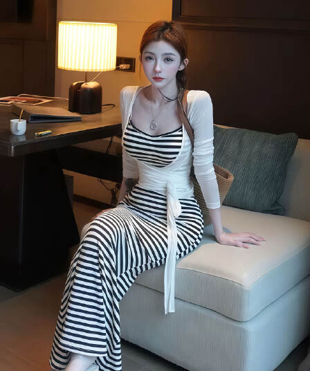 순수한 욕망 핫걸 바람 흑백 줄무늬 슬립 여성 드레스 미니멀리즘 패션 레이스업 자외선 차단 재킷 투피스 세트
