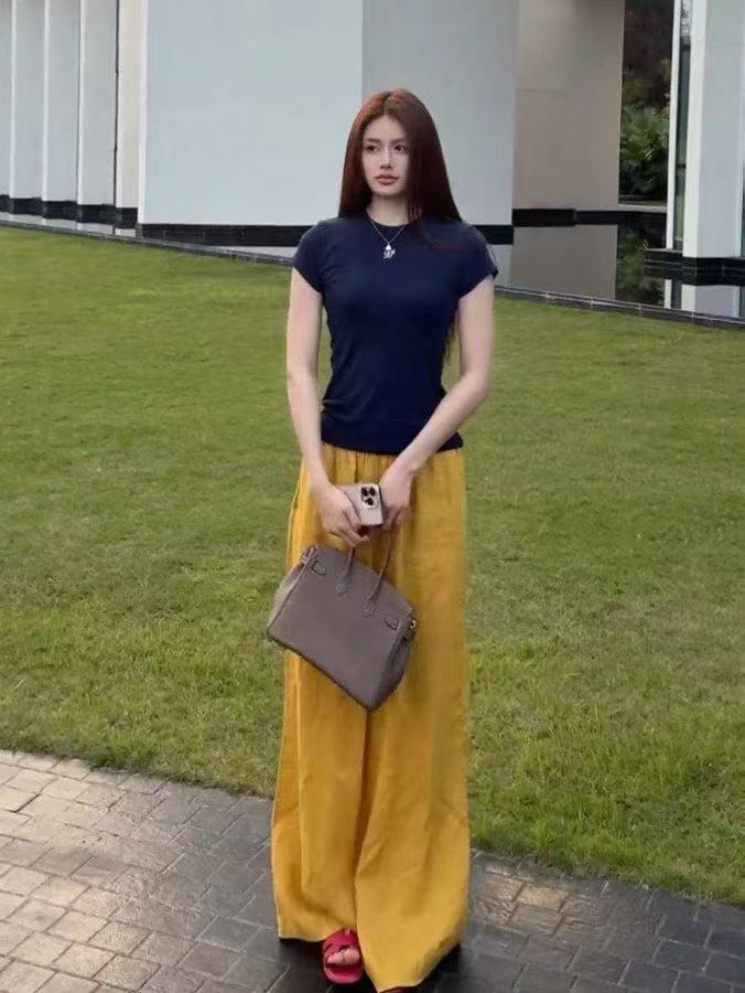 새로운 레트로 느긋한 오래된 돈 바람 고급 센스 몸매 가꾸기 맨위 허리밴드 아시아 인 면 린넨 와이드 레그 팬츠 세트