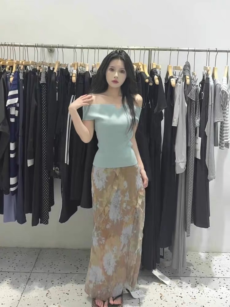 디자인 센스 작은 대중 오프숄더 니트 맨위 여름 슈퍼 잘 생긴 프린트 불규칙 프릴 트임 반신 스커트