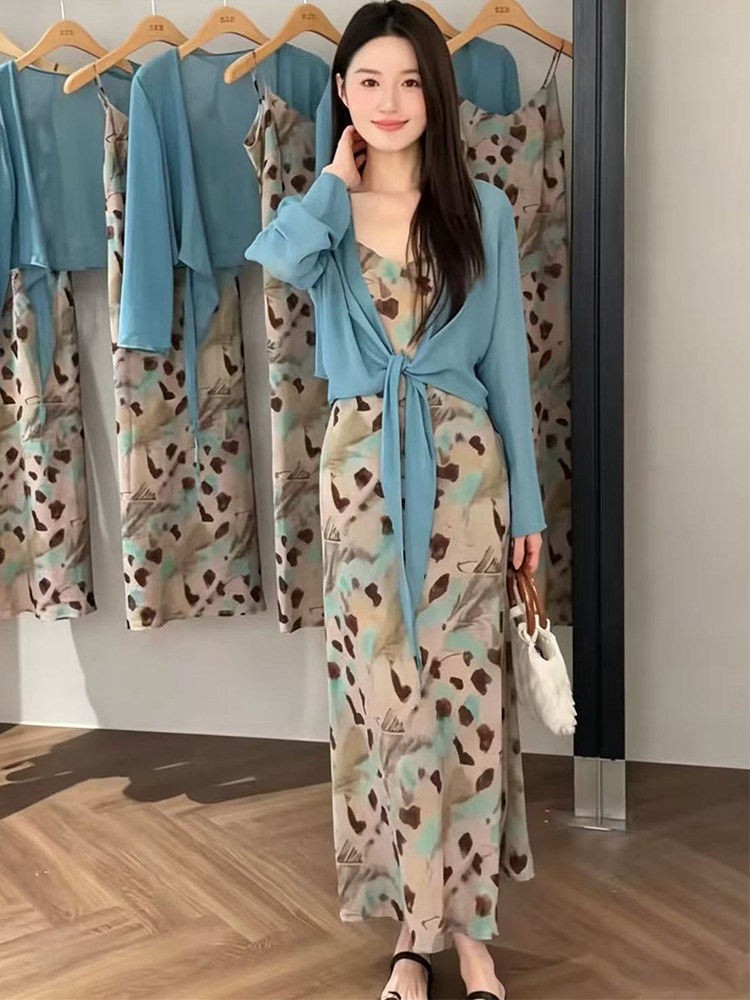 자이언트 잘 생긴 휴가 바람 꽃무늬 슬립 드레스 자외선 차단 오픈 가디건 세트 여성 여름 품격 몸매 가꾸기 꽃무늬 롱 스커트