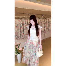 批发法式V领蕾丝拼接针织衫吊带<b class='q'>背心</b>+印花<b class='q'>仙</b>气<b class='q'>雪纺</b>半身裙套装