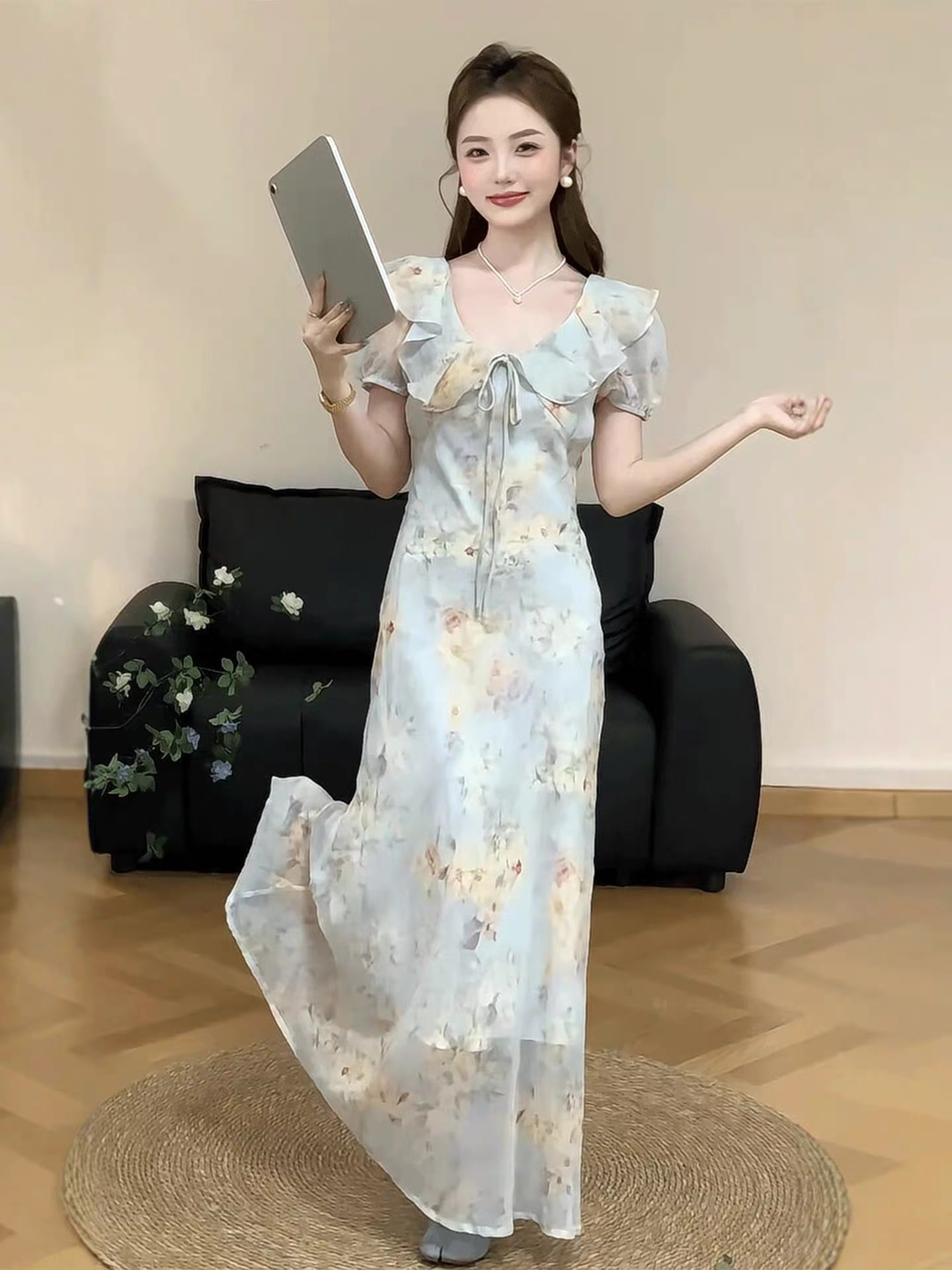 프랑스식 품격 프릴 꽃무늬 여성 드레스 여름 2026 새로운 품격 허리 수축 슬림해 보이는 쉬폰 길다 치마