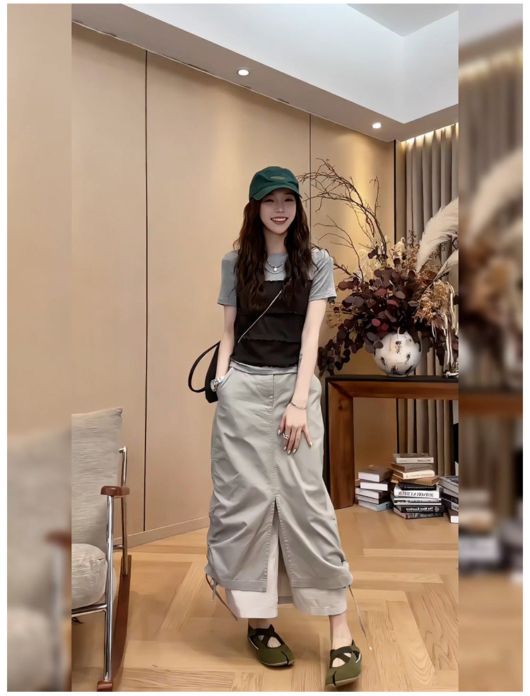 고유 한 디자인 센스 아름다운 세트 26 년 여름 페이크 레이어드 반팔 맨위 워크웨어 반신 스커트 한 부서 전체 집합